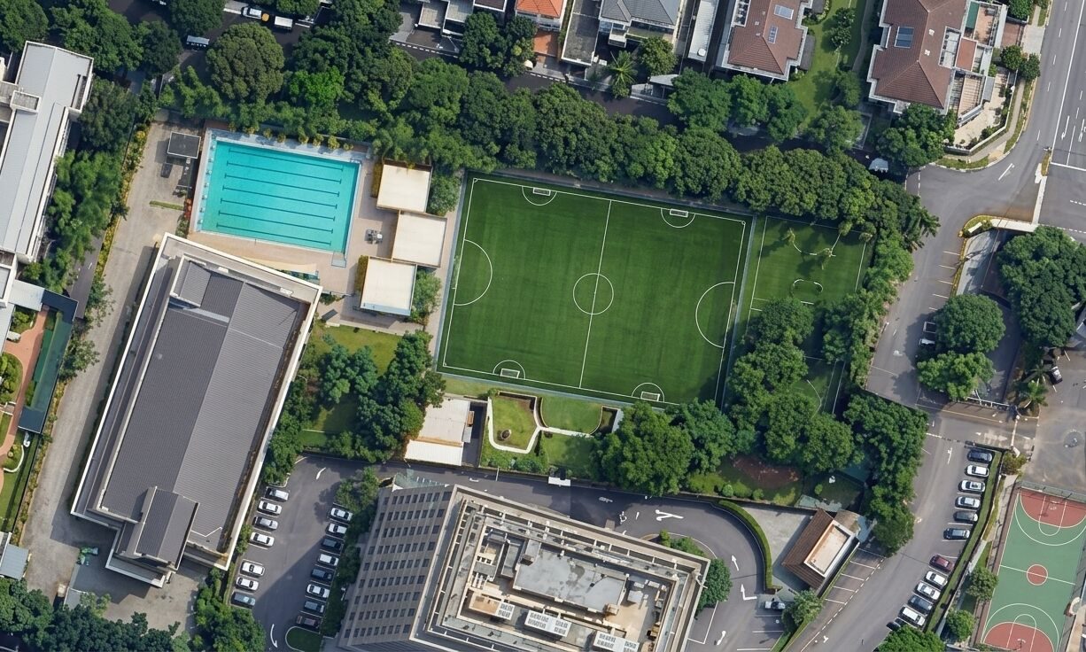 Aerial view of ISJ campus in Pondok Indah — swimming pool, football pitch, and playing fields
