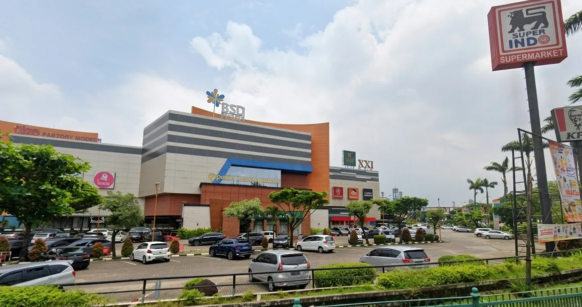 BSD Plaza shopping centre in BSD City, South Tangerang, with cinema, supermarket and car park