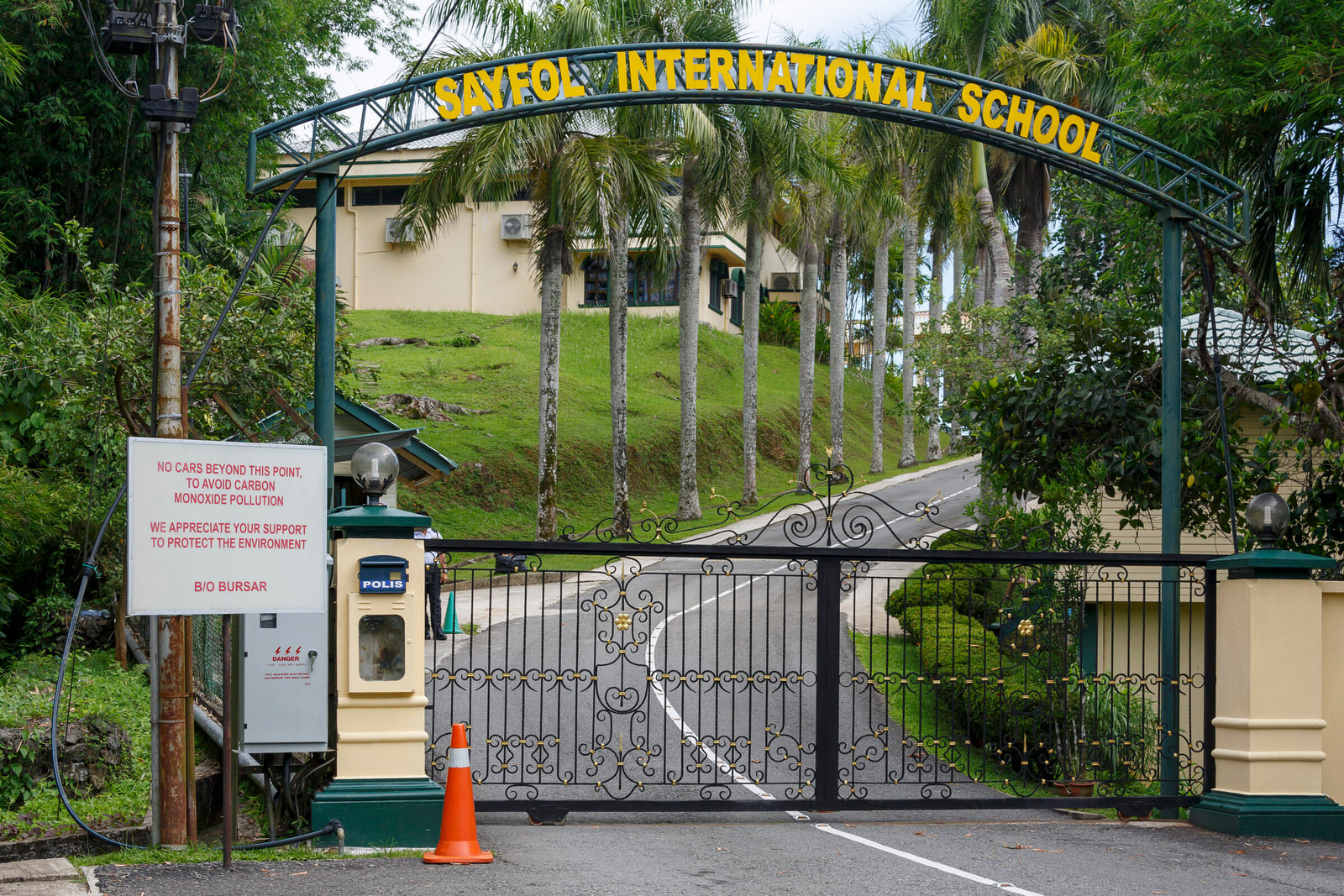 International school entrance gate with arch sign, Southeast Asia
