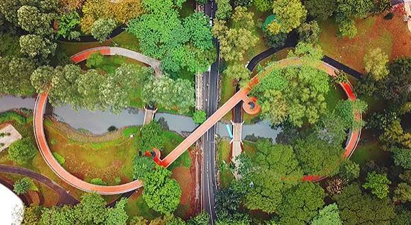 Aerial view of Tebet Eco Park's orange infinity link bridge winding through the treetops