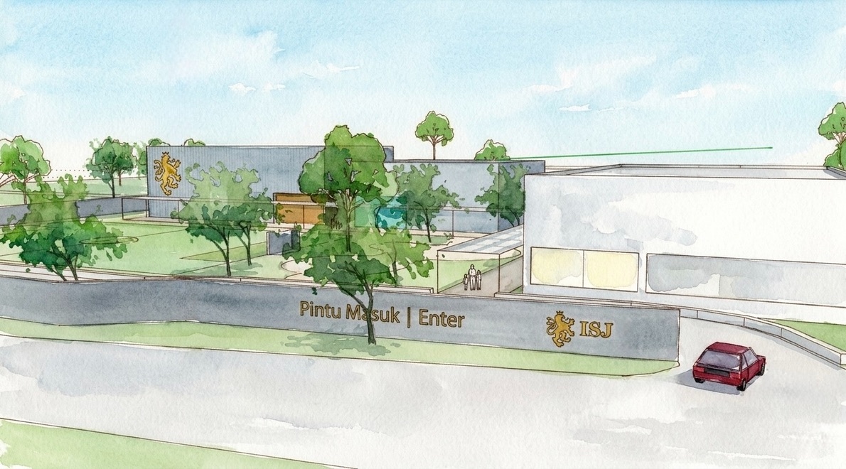 ISJ Senior Campus watercolour illustration showing the entrance and buildings in Pondok Indah, South Jakarta