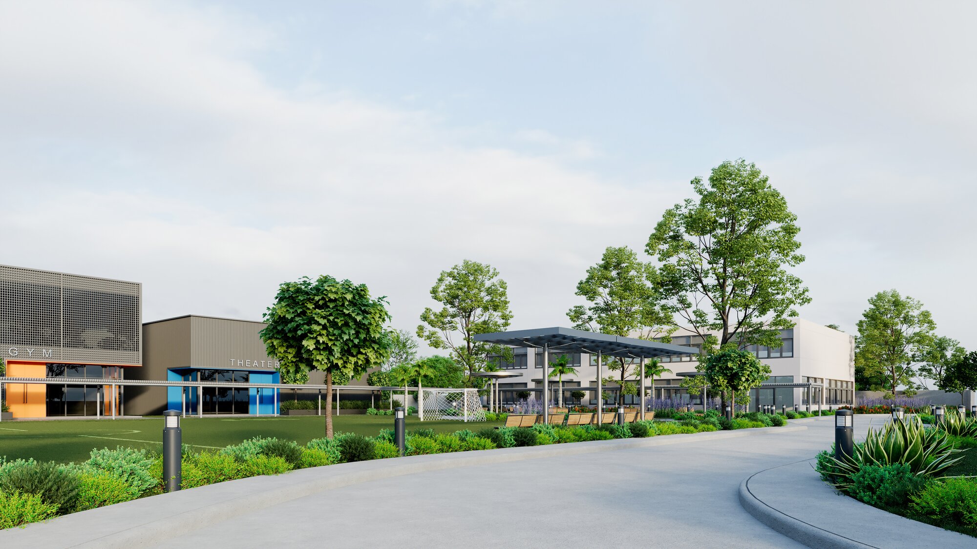 Architectural render of a path through the ISJ Senior Campus, with the Gymnasium and Theatre on one side and classroom buildings on the other
