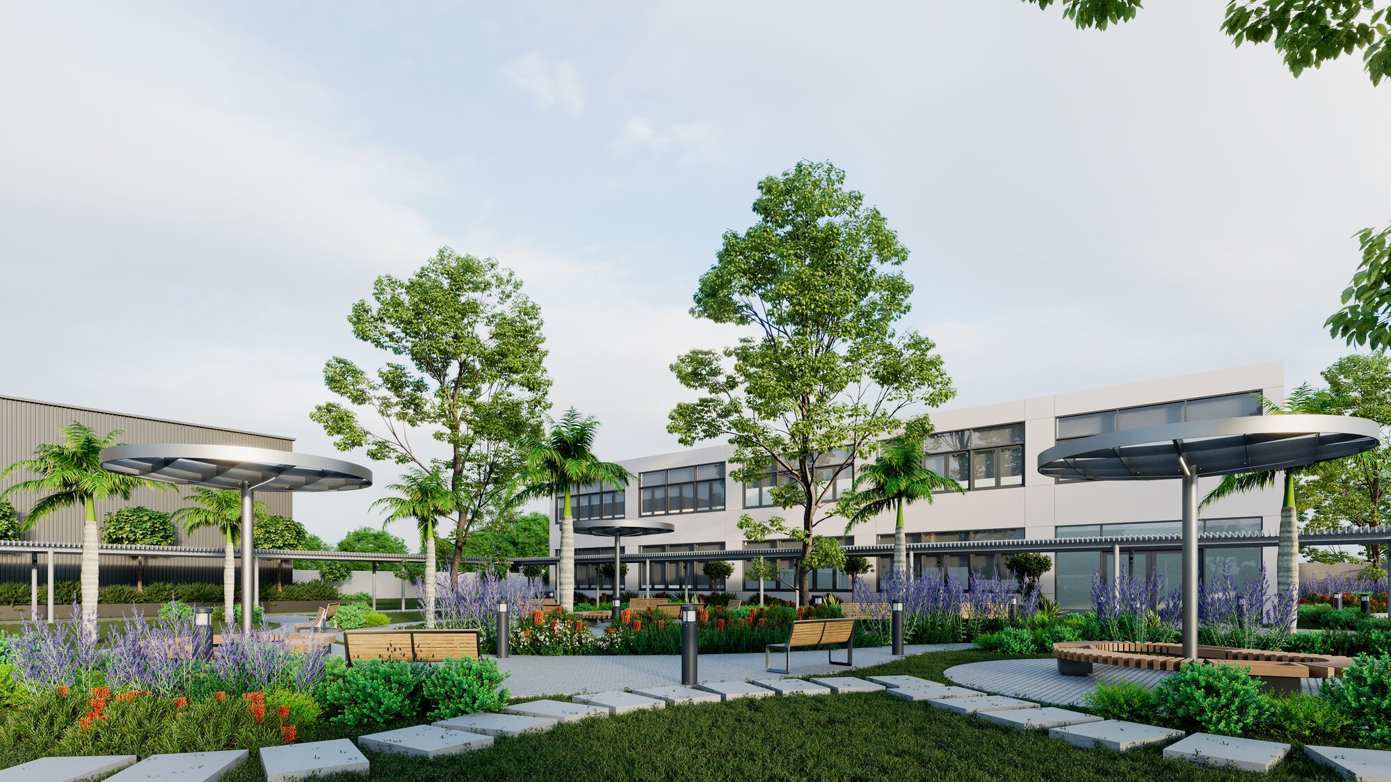 Architectural render of the ISJ Senior Campus courtyard with classroom blocks and landscaped gardens