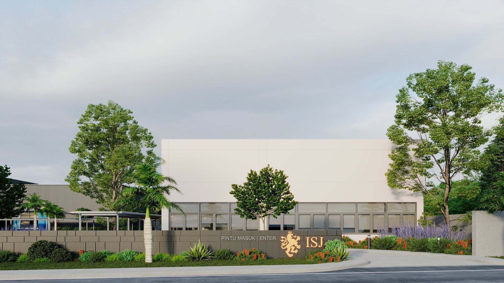 Architectural render of the ISJ Senior Campus entrance with the ISJ lion crest