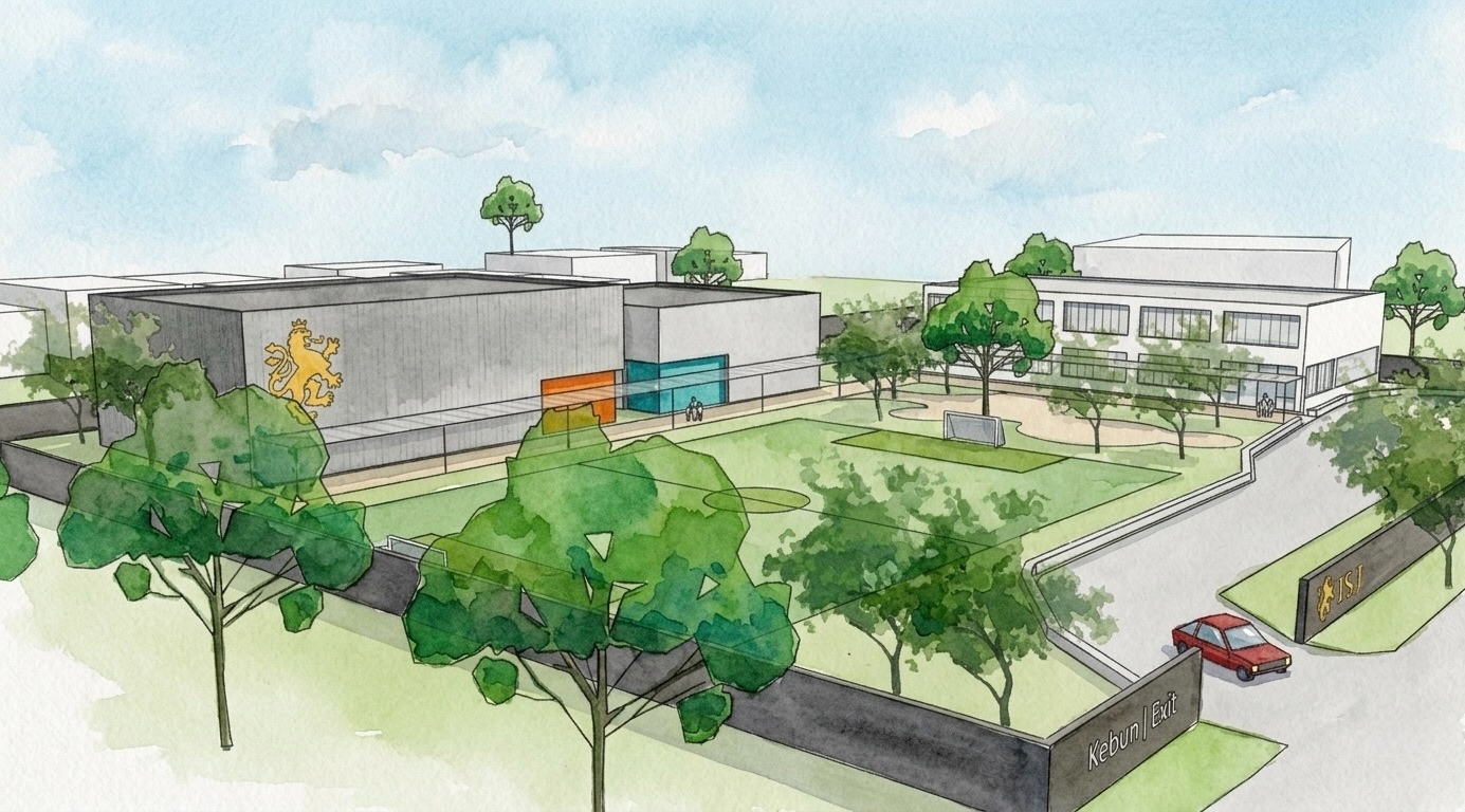 ISJ Senior Campus watercolour illustration showing the football pitch, classroom buildings, and entrance from Jl. Kartini, Pondok Indah