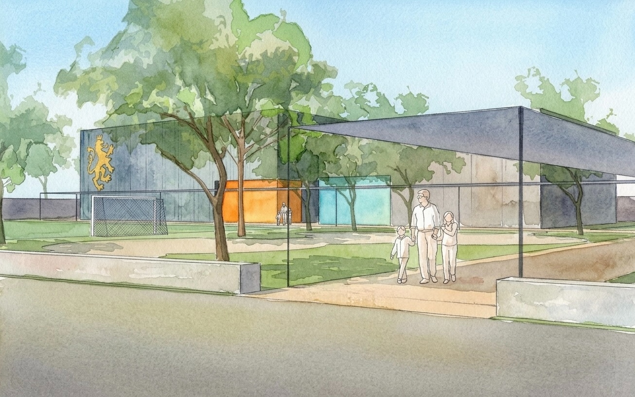 ISJ Senior Campus street-level watercolour showing the entrance with a family, football pitch, and ISJ lion crest