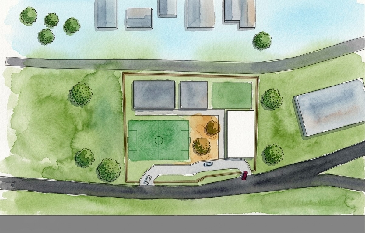 ISJ Senior Campus site plan showing the full layout with football pitch, buildings, and surrounding Pondok Indah neighbourhood